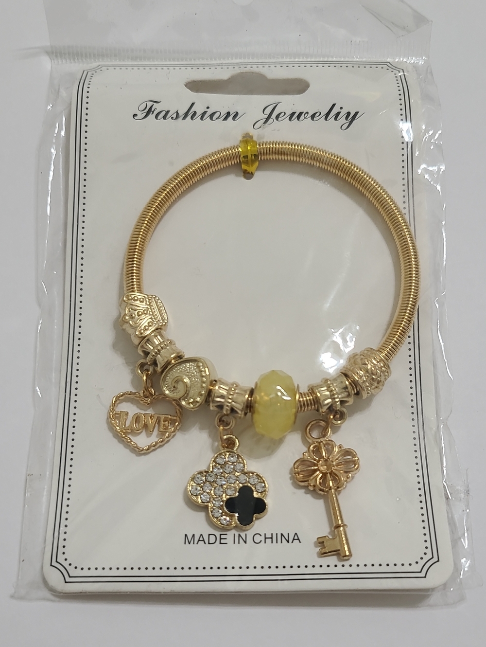 Fashion Jewelry Gold Tone Bracelet with Yellow Bead & Heart Clover Key Charms